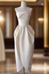 Sexy A Line Strapless Satin White Tea Length Wedding Dresses Brides Dress